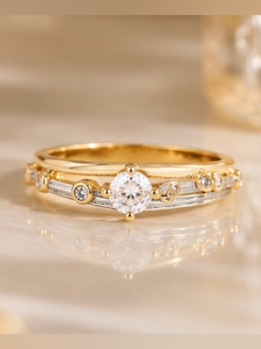 Luxury Gold Solitaire Ring with Round Cut Crystal Elegant Bridal Promise Ring
